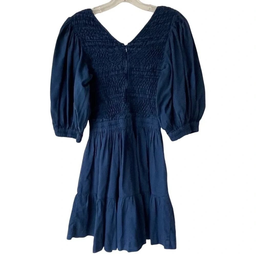 SEA NEW YORK New York Navy Blue Smocked Mini Dress Puff Sleeve 100% Cotton‎ Sz 8